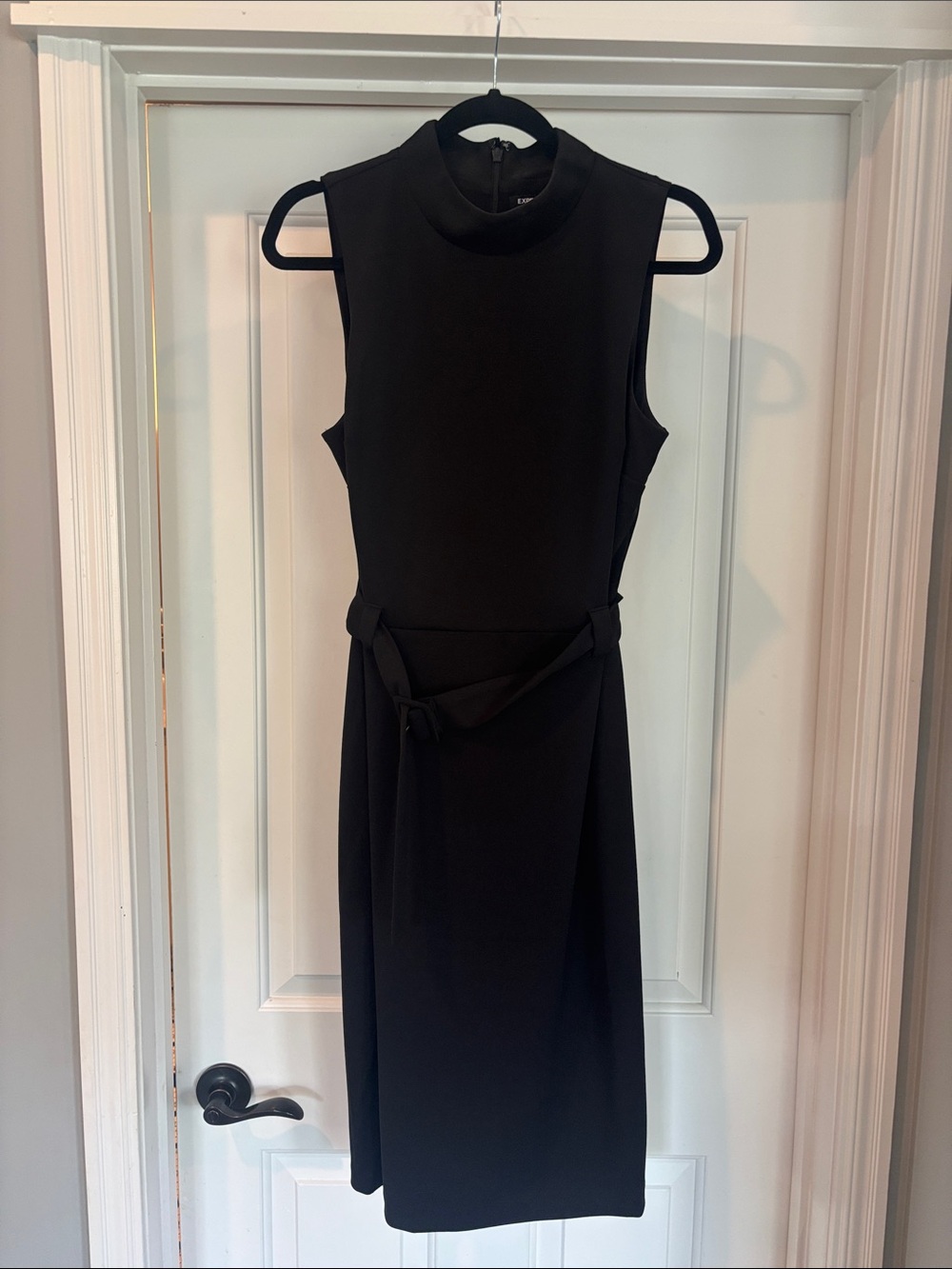 Sleeveless Black Belted Midi Dress with Mock Neck